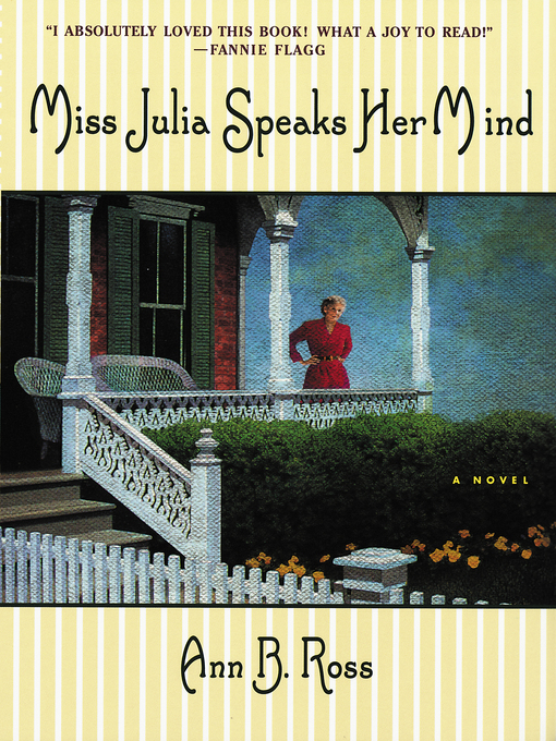 Book cover: Shows an older blonde woman standing on a verandah with a white balustrade and gables, in a well-maintained garden surrounded by a white picket fence.