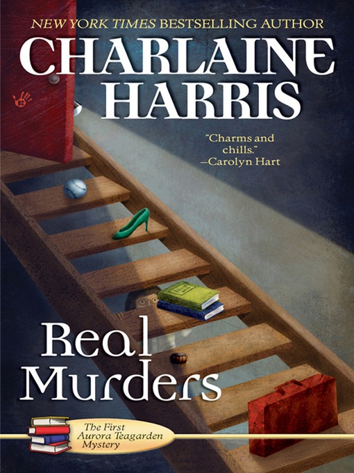Book cover: Shows a brown wooden staircase leading to an open red door from which light shines, illuminating the items on the staircase -- books, a teal pump, a red suitcase. It looks like a woman is standing under the staircase's treads.